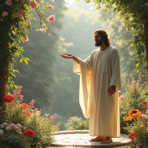 Jesus stands on a white oval stone wearing a long white robe. He smiles and stretches out His hand towards the viewer. The scene is set in a beautiful floral garden.