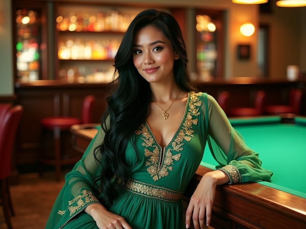 The image depicts a woman in a stunning green traditional outfit that includes intricate golden designs. She is positioned at a bar with a pool table in the background, showcasing a nostalgic and cozy atmosphere. The setting is richly decorated with vibrant colors and warm lighting. Her long, flowing dark green hair adds a magical aura to the scene. The woman's outfit perfectly complements her surroundings, radiating elegance and beauty.