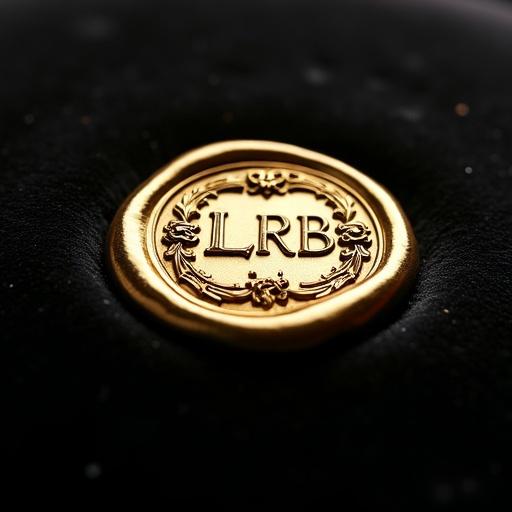 Extreme close-up macro shot of a gold seal featuring LRB. The seal is intricate and pressed into a black velvet surface. Soft side lighting accentuates textures. The overall mood is luxurious and tactile.