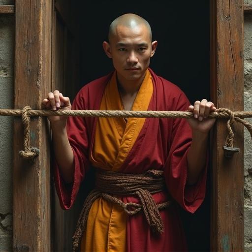 A young Shaolin monk appears in a cell. He is tied and showing signs of distress. The setting portrays an ancient Chinese atmosphere.