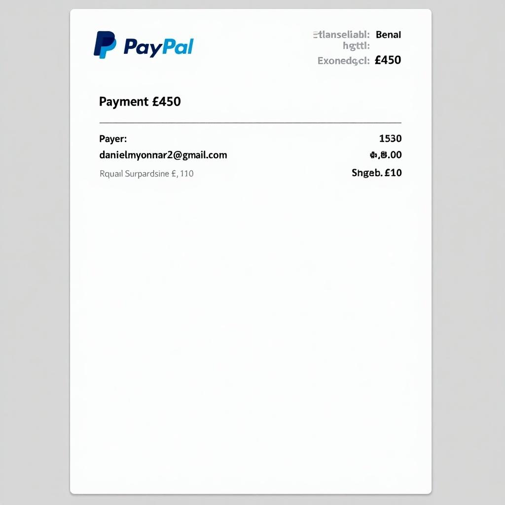 PayPal payment receipt showing a transaction for £450. Includes PayPal logo, details of the payer, transaction amount, and transaction number. Clean design for online payments.