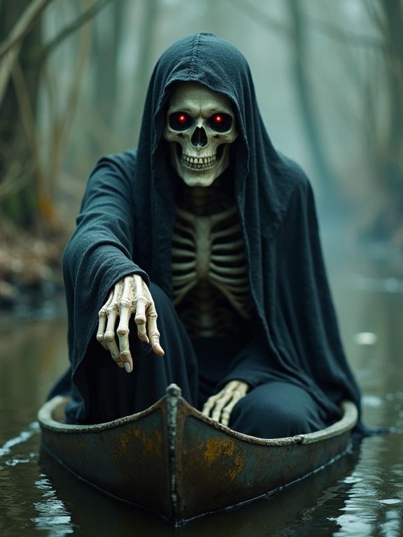 Skeletal fortune teller woman looking at the camera with red eyes. She is on a canoe in a cursed swamp. She points at the camera.