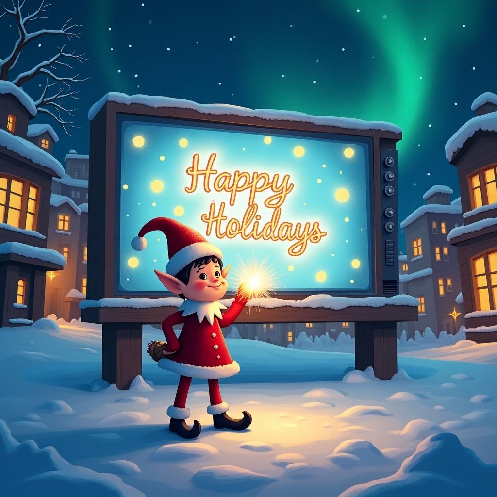 A cheerful elf standing in front of a large TV screen displaying the words Happy Holidays. The elf is holding a sparkler. The background features buildings covered in snow. The night sky has hints of northern lights. The scene is bright, colorful, and whimsical.