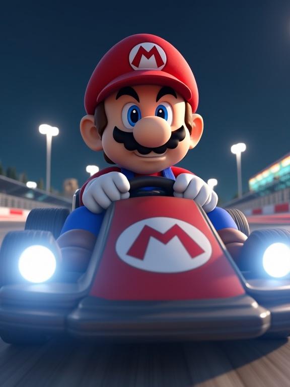 Mario Kart 8 character Mario wearing a red hat and shirt, blue overalls, focused expression driving a race car at a night track with headlights flashing and contrasting light and shadows.