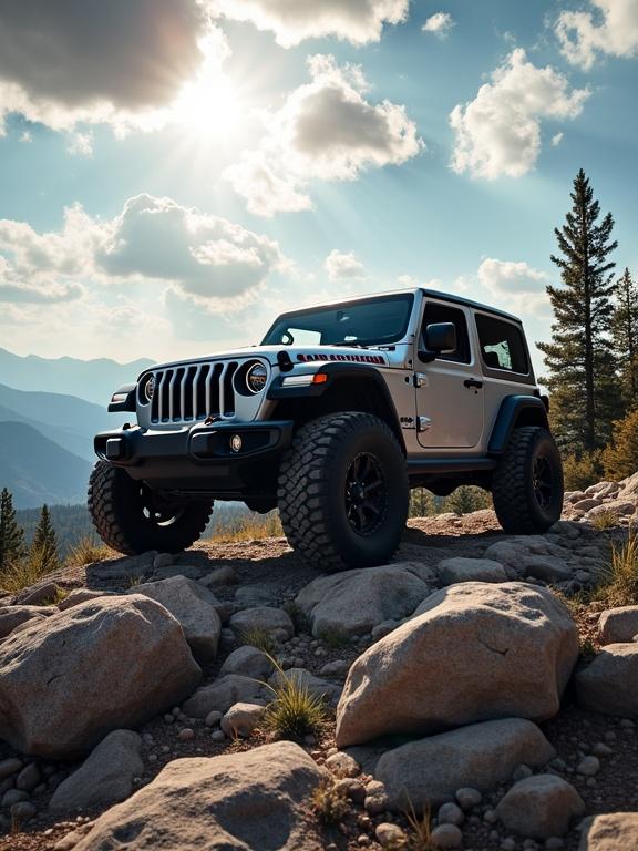 A rugged vehicle sits atop rocky terrain. Dramatic sunlight creates shadows. Boulders and pine trees surround the scene. Open sky displays adventure. Metallic Jeep contrasts with earthy tones. This image embodies outdoor adventure photography with light and landscape interplay.