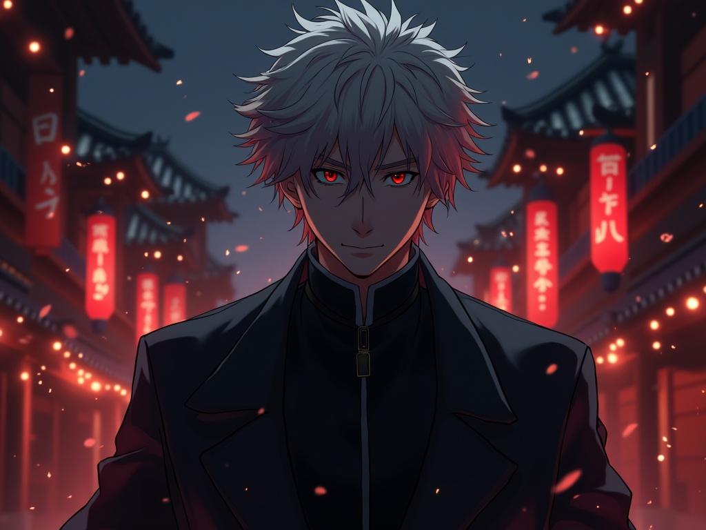 Realistic image of a character inspired by Japanese anime with urban background featuring lanterns and nighttime setting. Character has spiky silver hair and intense red eyes, dressed in black attire.