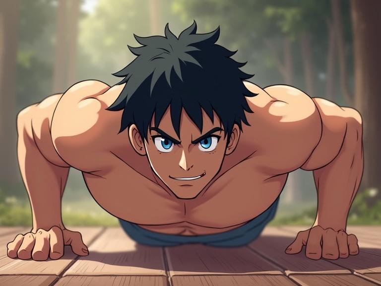 A muscular male anime character with black hair and blue eyes doing push-ups in a natural setting. The character displays determination and strength. The background consists of trees and soft lighting that creates a dynamic atmosphere.