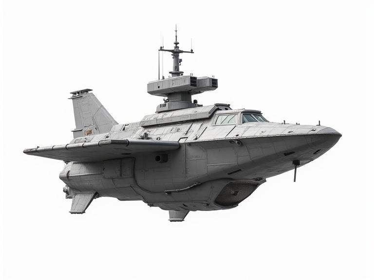 Starship cargo vessel displayed on a white background. The ship has a sleek, futuristic design with a prominent cockpit area and various antennas. The overall color is grey with some detailing. The ship appears to be hovering slightly.