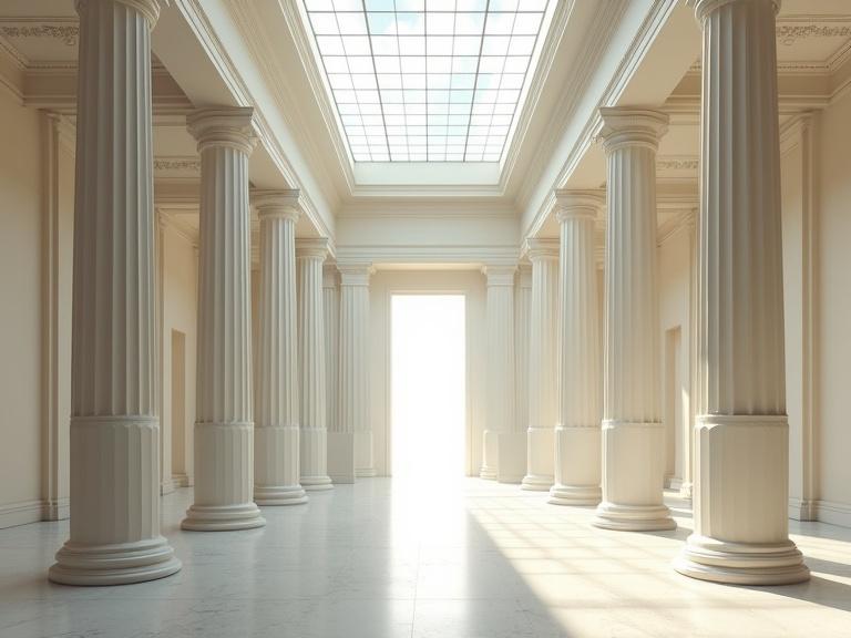 A serene interior space with classic architectural elements featuring large columns and a glass roof. The atmosphere evokes quiet grandeur and contemplation of beauty and history. Soft, diffused sunlight fills the space, leading to a bright entrance.