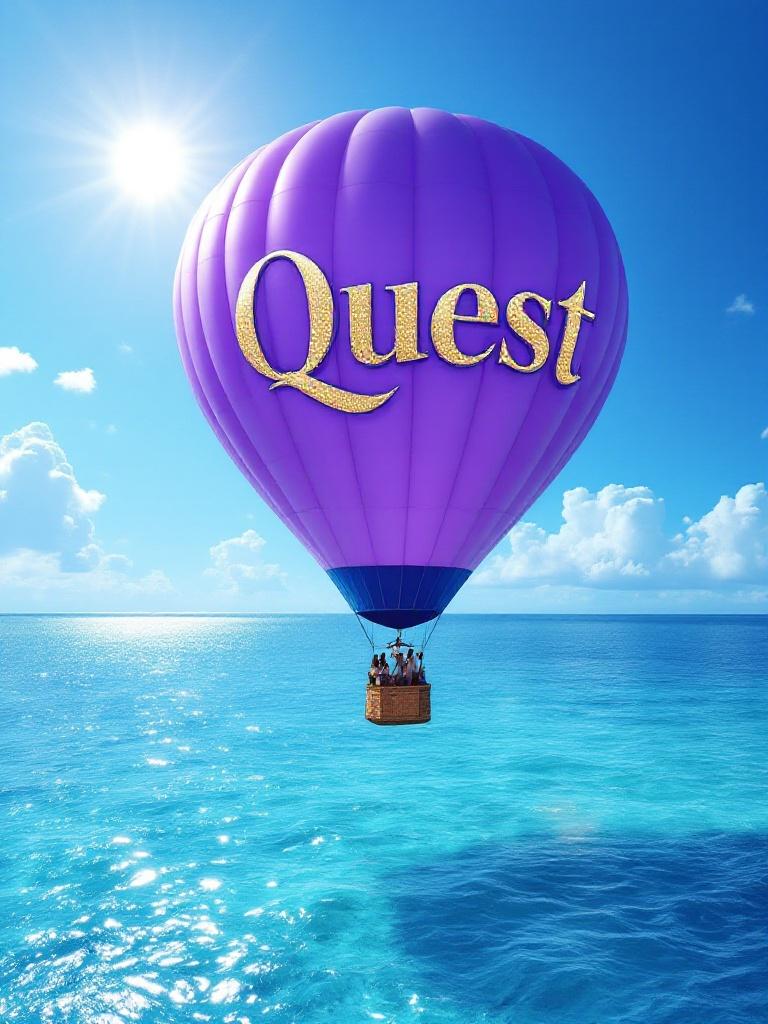 Vibrant hot air balloon floats over turquoise waters of the Caribbean Sea. Balloon is purple with the word 'Quest' in shiny gold. Sun shines in a blue sky with soft clouds. Scene is serene with sunlight reflecting on the water.