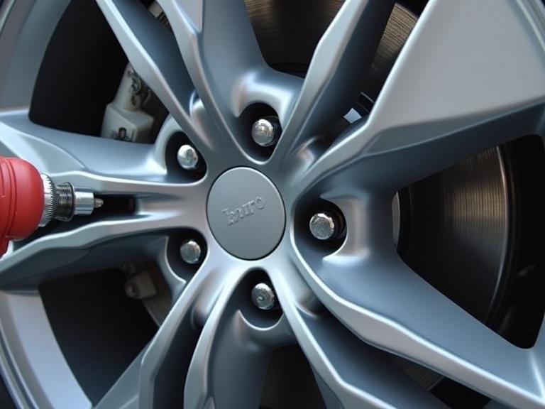 Close-up view of an alloy wheel showing a professional automotive paint application. Metallic gray spokes and a polished surface. Focus on the wheel hub with a sprayer angled towards it.
