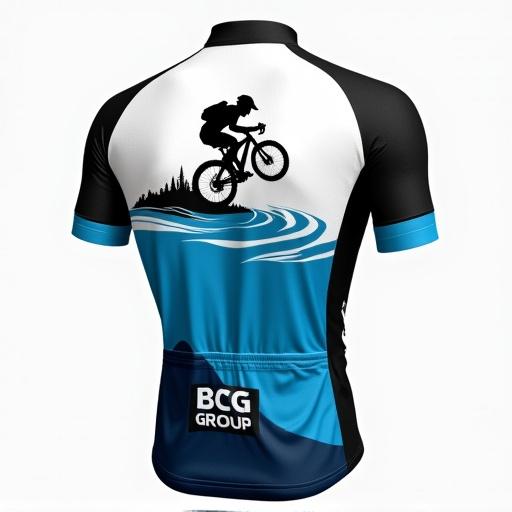 Professional image of a cycling kit includes jersey and shorts for Portuguese cycling club. Features vibrant colors of white, blue, black. Outline of someone jumping a mountain bike is on the back. Rider's name appears on the left breast. BCG Group shows on the back. Group focuses on cycling, culture, food. Silhouette of Dom Luis I bridge is across shoulders on the back.