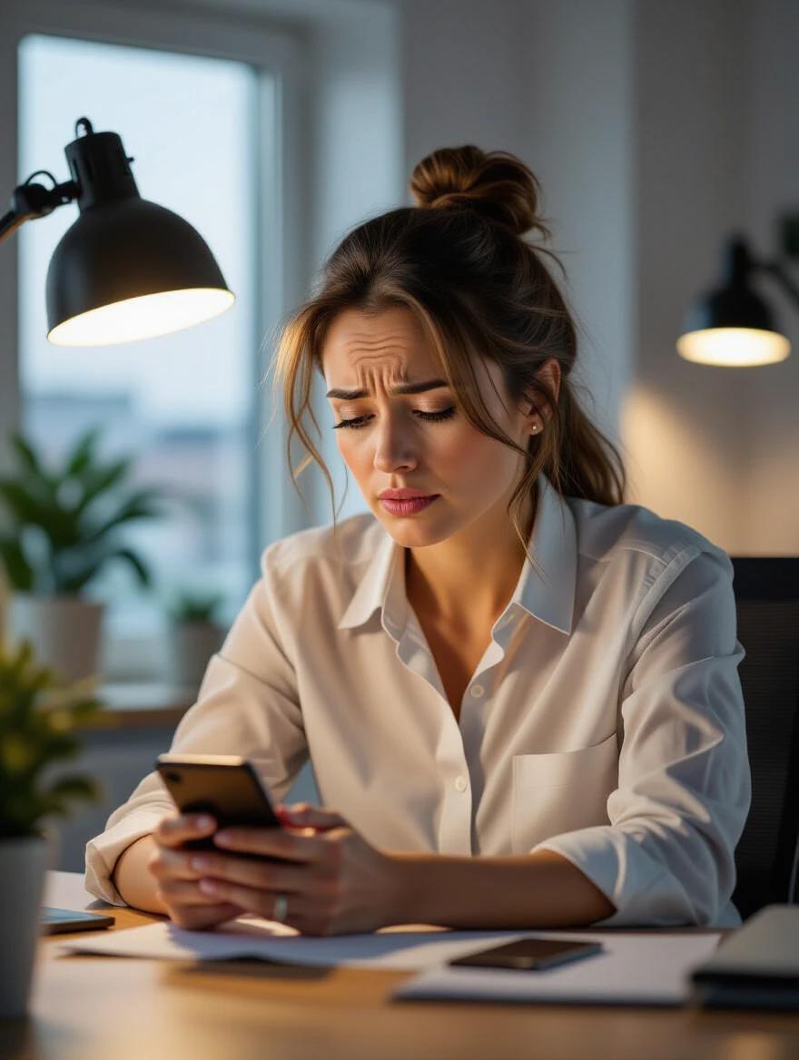 Cinematic photograph showing tired working mother at office desk late evening. She is looking at her phone with a concerned expression. Office has warm lighting and plants. Mother dressed in professional attire. Focus on emotions in photojournalistic style with beautiful natural colors.