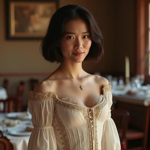 A 25 year old woman wearing an artistic medieval gown. Short bob hairstyle. Gentle smile with refined features. Gown features sheer accents and subtle slits. Dignified atmosphere in a medieval dining room. Soft flowing fabric emphasizes elegance and grace. Semi-realistic style.