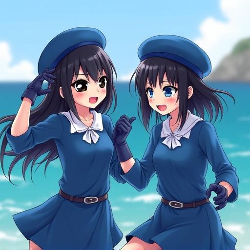 Two women with blue eyes and black hair wear long sleeve blue T-shirts with white collars. They have blue berets, blue mini-skirts, and zorro black masks around their eyes. They are wearing blue belts and gloves. They smile and dance, expressing surprise and excitement. The background shows the sea of Naples.