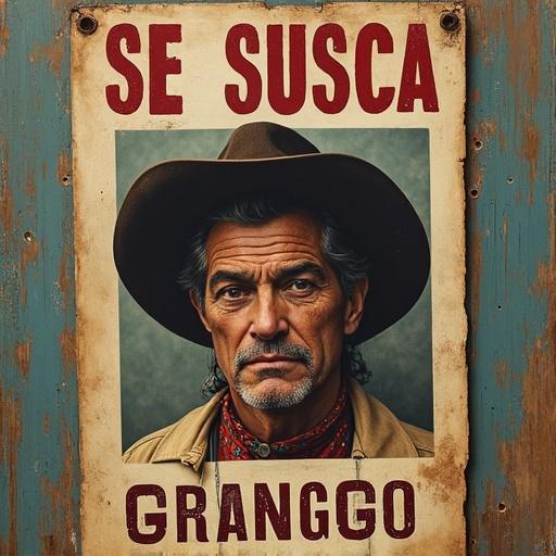 Create a wanted poster for a character called Granggo. Features a North American man with Caucasian skin, blond hair, and colored eyes. Depicts him in a cowboy hat. Emphasizes a gritty, vintage aesthetic.