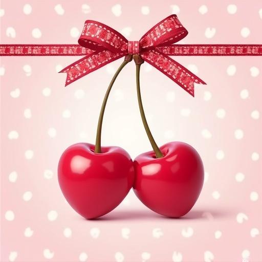 Cute heart-shaped cherries on light pink polka dot background. Red and white ribbon with a bow on top. Cherry blossoms across the top.