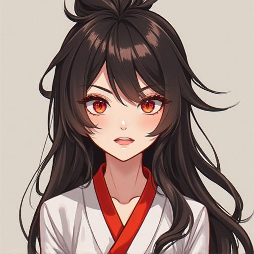 Anime character with long black hair and red eyes wearing a white robe. The character has a serious expression, conveying a sense of emotion and depth.