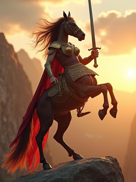 Full body photorealistic depiction of a mythological centaur woman on a rocky cliff at sunset. Upper body of a strong woman, lower body of a powerful horse. Wears detailed ancient Greek armor, red flowing cape, and raises a Greek xiphos sword. Hair flows in the wind. Lighting is dramatic with warm sunlight. Background features mountains and cloudy sky.
