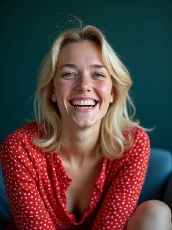 Photograph of a young woman with light blonde, shoulder-length tousled hair. She is smiling broadly with a joyful expression. Wearing a red polka dot blouse with high collar and small bow. Seated with part of a blue chair visible. Background is dark teal. Soft lighting highlights her face and creates gentle shadows.