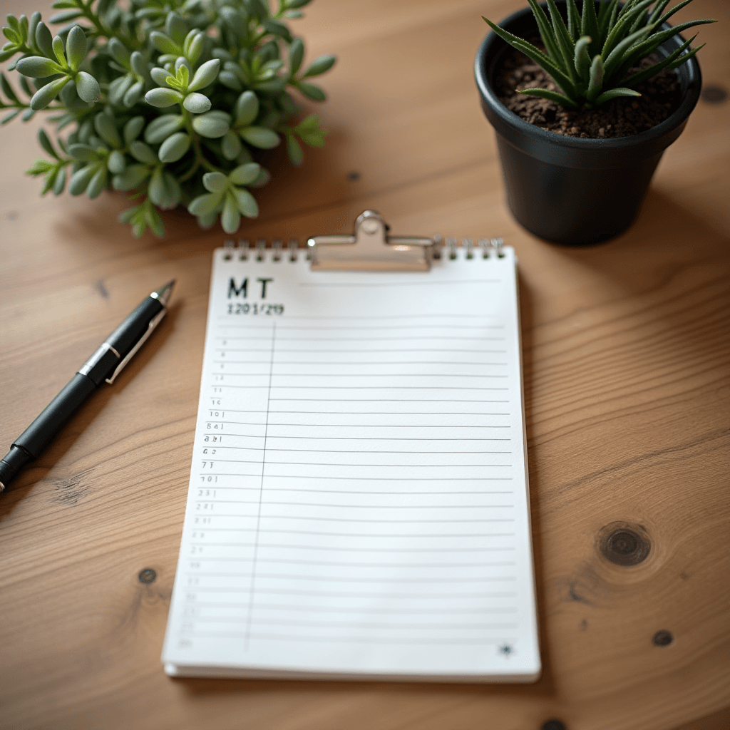 A neat desktop scene featuring a lined notepad with a pen, next to potted succulent plants on a wooden surface.