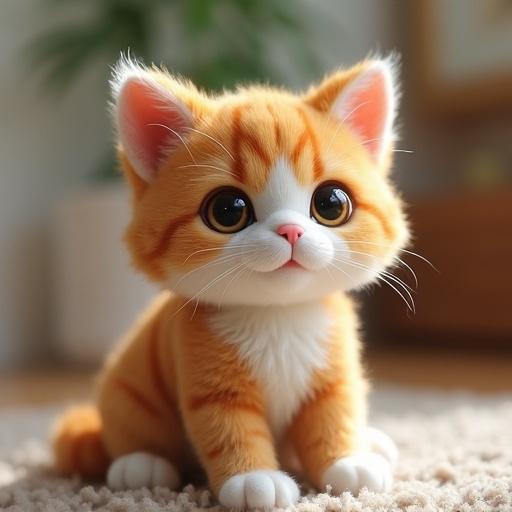 Realistic plush toy resembling a cute cat. Orange fur with white paws and belly. Big expressive eyes. Soft and cuddly appearance. Warm cozy indoor setting.