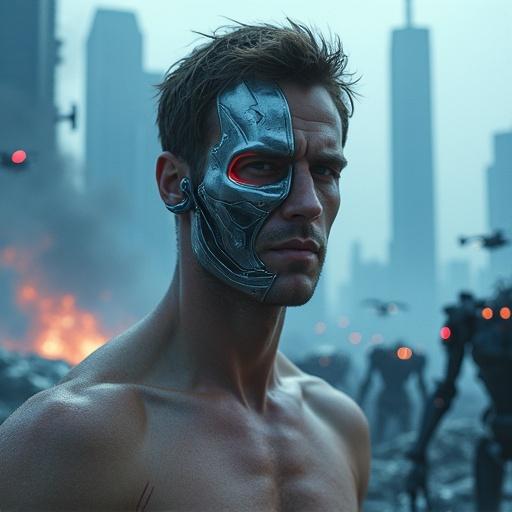 A hyper-realistic cinematic scene with a male cyborg. Partially exposed mechanical face and shirtless. Futuristic apocalyptic war zone behind. Ruined skyscrapers with blue flames and smoke. Marching robots and flying drones overhead. Dominant cold bluish tones and fiery highlights. Intense, dramatic atmosphere. Closeup shot focusing on shoulders. Looking into camera with one glowing red eye. Human and cyborg face contrast. Very short brown hair.