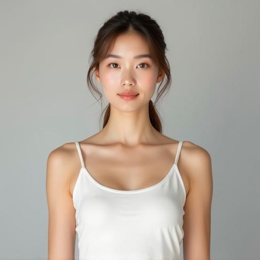 Portrait of a woman in white camisole. Light brown hair in a low ponytail. Calm expression with gentle facial features. Deep-set almond-shaped eyes. Smooth and luminous skin. Full body shot against a light gray backdrop. High-resolution image.