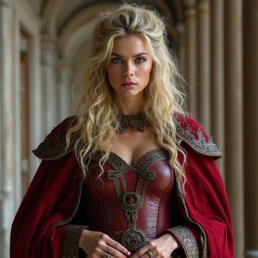 Warrior queen in a regal costume stands confidently. Long hair cascades over shoulders. The setting is grand with architectural details in the background. Strong, commanding presence.