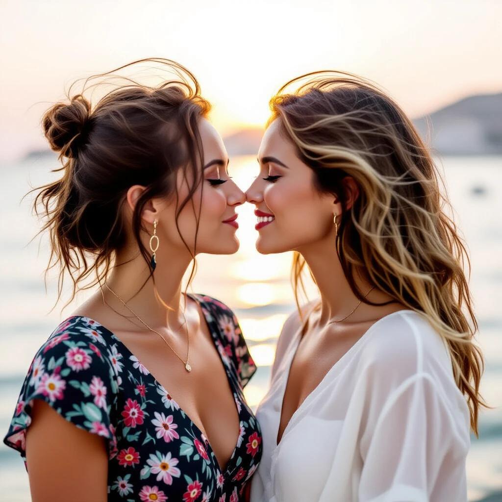 Romantic scene with two women about to kiss at sunset by the ocean. Focus on their closeness and expressions. Soft warm light enhances the mood.