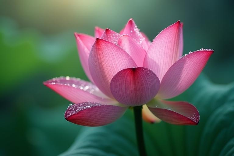 Macro shot of a lotus bloom emphasizes petal textures and sparkling water droplets. Ethereal atmosphere with diffused lighting highlights vivid colors. Scene captures serene and enchanting mood of lotus beauty.