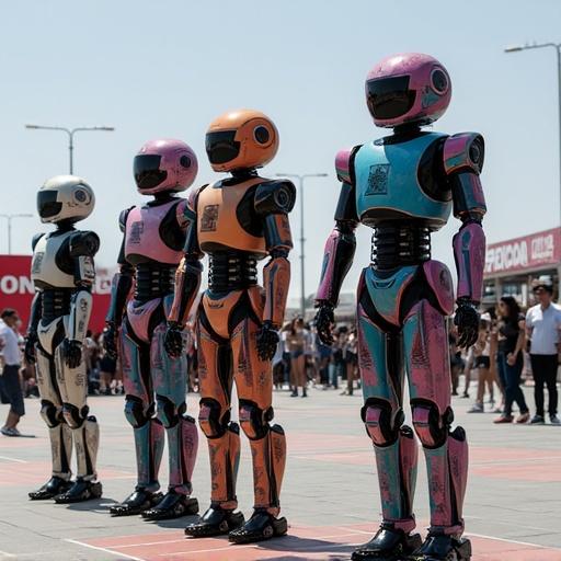 Spacecraft in the parking lot of the fair in Malaga. Four AI robots dressed in flamenco costumes.