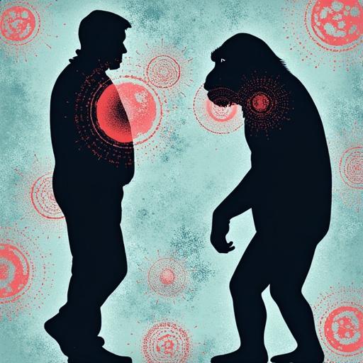 Cover image for journal Cell. Includes a human figure and an ape figure. Features cells from both species. Cells fused together. Human cell lacks mitochondria. Fused hybrid cell has mtDNA from either species. Simple design with minimal text.