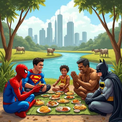 Cartoonish digital illustration features popular superheroes enjoying traditional Indian dishes. Superheroes seated on the ground eating from banana leaves. Villagers and children with cows in the background. Skyscrapers rise in the distance beyond the river. Captivating artwork with a contrasting theme of village and city life. Caption displayed highlights unity.