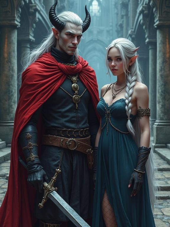 A tall male tiefling character with ash-gray skin and amber eyes stands proudly with a longsword and shield. A female human character in a deep blue dress poses beside him. Both characters are set against a night castle interior with soft cold lighting. Long silver hair is visible on both characters, with intricate details showcasing fantasy elements.