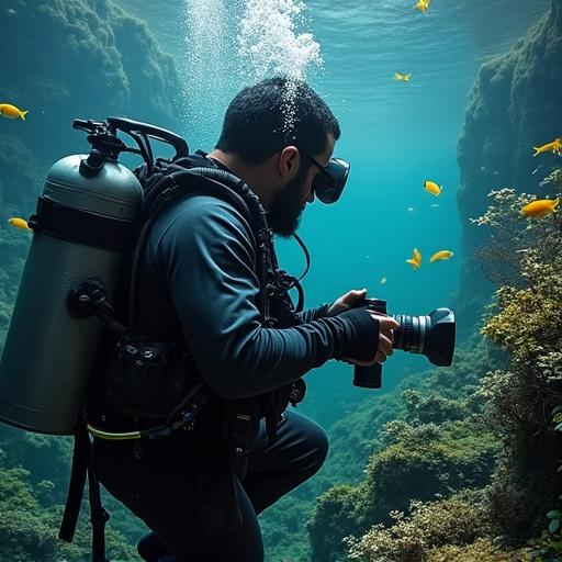 A diver equipped with various photography gear explores an underwater environment. Colorful fish swim around in a coral-rich ecosystem. The scene captures a sense of adventure and exploration. The diver is focused on taking photographs of marine life.