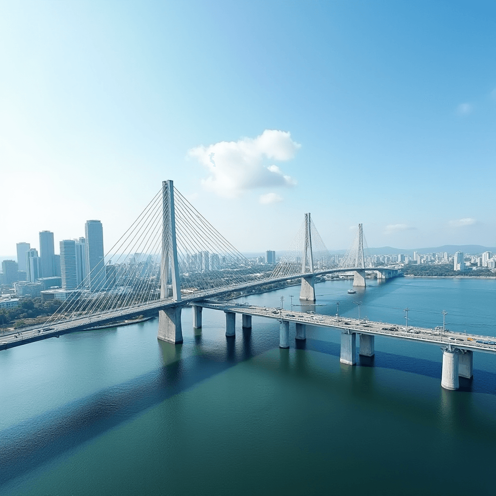 A modern cable-stayed bridge spans across a river with a city skyline in the background.