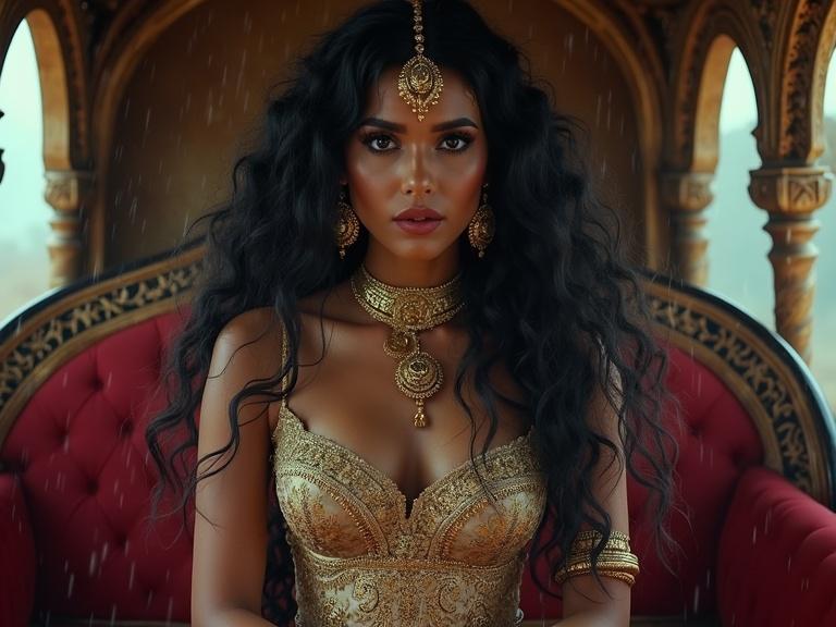 Close-up of a stunning princess in a luxurious carriage. She appears tired from a long journey. Features include beautiful eyes, long nose, full lips. Long curly hair and a fine cloak flowing in the wind. A maid fans her gently.