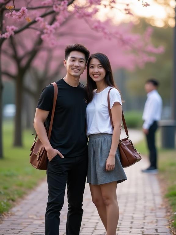 Photograph features a smiling couple on a brick path in a park during dusk. The man wears a black short-sleeve shirt, black pants, and brown bag. The woman wears a white short-sleeve shirt, gray knee-length skirt, and brown handbag. They stand close together, with soft pink blooming trees in the background. A person in a white shirt is blurred in the distance. The lighting is soft with warm tones, indicating evening light. The atmosphere is relaxed and casual, with a slight depth of field.
