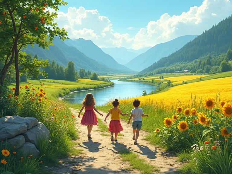Three children enjoy a sunny day walking on a rocky path towards a serene river. Lush greenery surrounds the scene. Left side has dense rosehip bushes with orange hips and tall poplar trees. Right side features farmland with bright yellow sunflowers and swaying wheat. Atmosphere feels warm and vibrant, reminiscent of classic children's book illustrations.