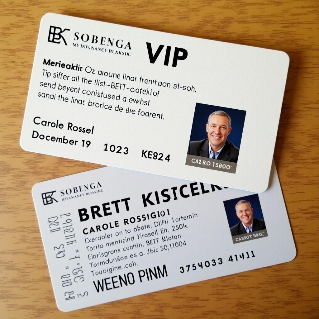 Close-up image showing two VIP membership cards. Each card contains a name, unique identification code, and date. Cards are placed flat on a wooden surface. The front card features clear VIP branding. The design includes a modern layout with distinct text styles.