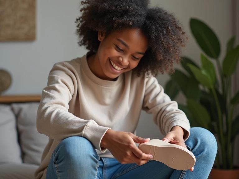mixed girl inspecting sole of shoe sitting at home comfortable space wearing casual outfit