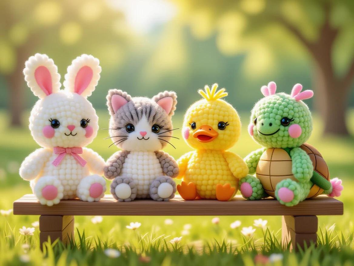 A group of adorable handmade animals made from small fluffy yarn pom-poms. The animals include a bunny kitten duckling and turtle. Each animal has colorful pom-poms for their bodies and heads. Tiny bead eyes and felt ears are used. They sit on a cozy bench in a park. The scene is cheerful and whimsical with soft bokeh. It has a hyper-cute and highly detailed aesthetic in pastel tones.