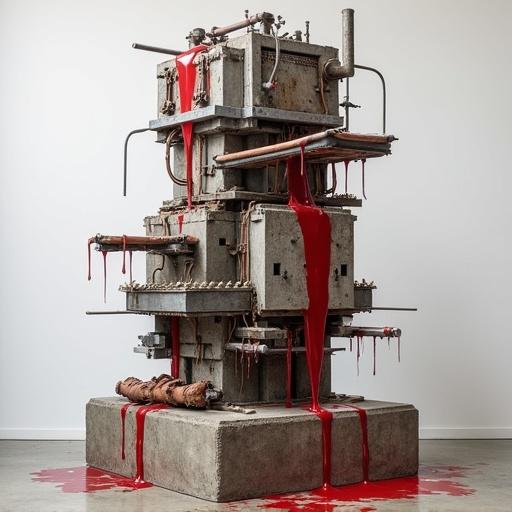 Densely layered post-minimalist sculpture 7 feet tall examining aesthetic restraint with material excess. Rejects minimalist simplicity with asymmetrical steel forms and weathered concrete structures. Combines found objects in unsettling ways. Incorporates cast petroleum jelly forms. Features protruding elements painted glossy crimson. Disturbing transformations of different substances. Elevates antique bondage implements as fine art. Visual tension through chaotic hanging elements and organic forms. Captured in high-contrast style focusing on texture and shadow.