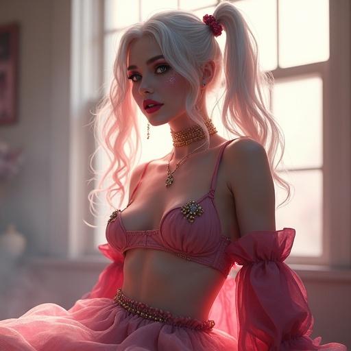 A beautiful image features a woman portraying Harley Quinn. She wears a delicate mini-skirt outfit with flowing fabrics. The background shows a soft gradient. Her face is detailed and photorealistic with soft makeup and glowing eyes. The image has crystal translucency. The pose is graceful and seductive, drawing viewers in.