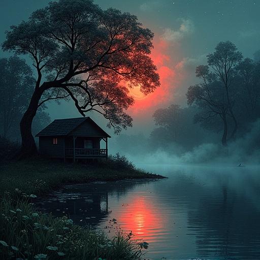 Dark fairy tale scene featuring a Japanese Ink Drawing aesthetic. Captures nighttime sky with a rustic cabin surrounded by dense trees. The red sun rises, creating reflections on a calm lake. Includes small clover plants in the foreground. High resolution digital artwork showcasing ethereal and magical elements.