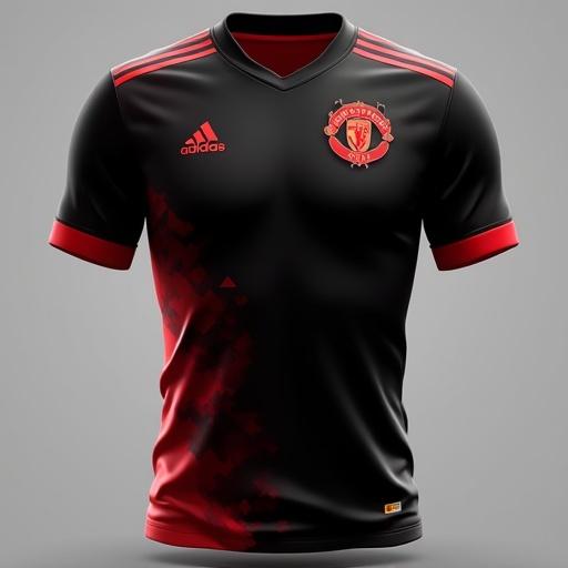 Design a football kit with a black and red color scheme. Include a club logo on the left side of the chest. The back of the jersey displays the player name and number.