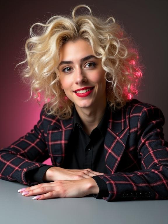 Close-up portrait of a young crossdresser. Voluminous blonde curly hair styled high. Facial features blend masculine and feminine. Wide eyes with dark eyeliner. Bright smile showing upper teeth. Black collared shirt under a dark plaid blazer with pink checks. Left hand rests on gray surface with long light pink nails. Right hand positioned over chest. Background with dark gradient tones and pinkish glow behind hair.