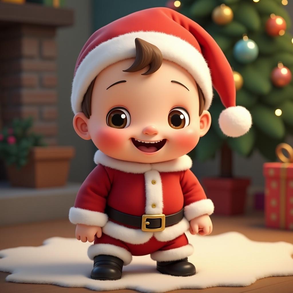 Cartoon of a baby Santa Claus. The character is in a festive setting with a Christmas tree in the background.