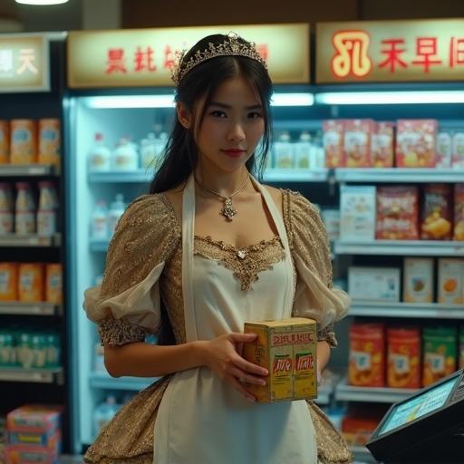 Beautiful young princess wearing an elaborate medieval gown with intricate embroidery and gold accents. Adorned with a delicate jeweled tiara. Wearing a simple white apron over the dress. Standing behind a modern electronic checkout counter in a convenience store late at night. Holding a box of snacks. Photorealistic cinematic lighting 4k.